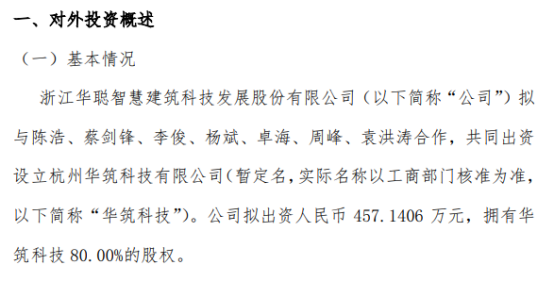 华聪股份拟出资457.14万元设立杭州华筑科技有限公司