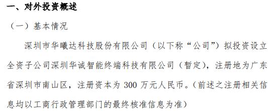 华曦达拟投资300万元设立全资子公司