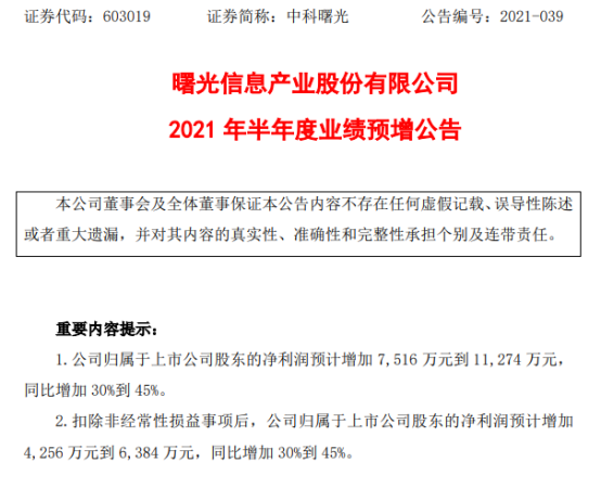 中科曙光2021年上半年预计净利增加7516万-1.13亿 经营持续向好