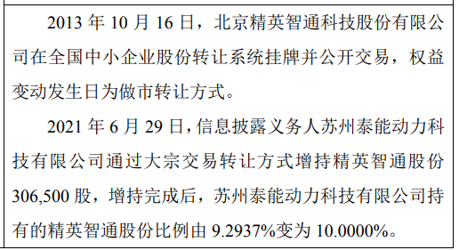 精英智通股东增持30.65万股 权益变动后持股比例为10%