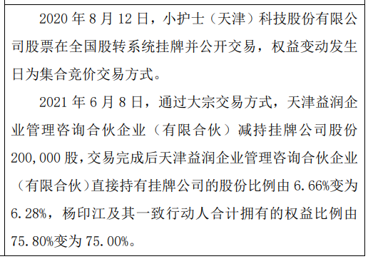 小护士股东减持20万股 权益变动后持股比例为6.28%