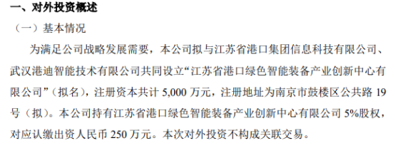 国基科技拟投资250万参与设立江苏省港口绿色智能装备产业创新中心有限公司 持股5%