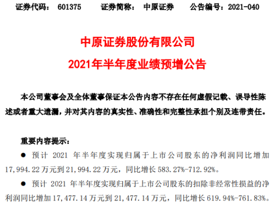 中原证券2021年上半年预计净利增加1.8亿-2.2亿增长583%-713% 投资银行业务收入增加