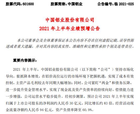 中国铝业2021年上半年预计净利30亿 主营产品毛利较去年同期大幅增加