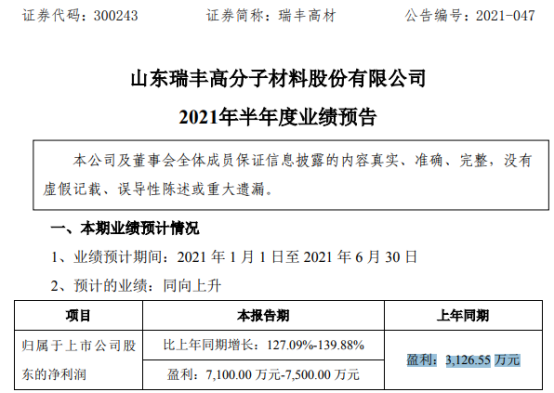瑞丰高材2021年上半年预计净利7100万-7500万增长127%-140% 产销量同比增加