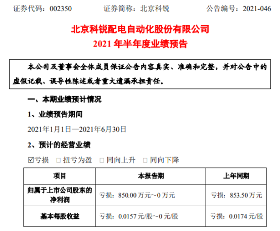 北京科锐2021年上半年预计亏损0万-850万同比亏损减少 上半年公司执行合同增加
