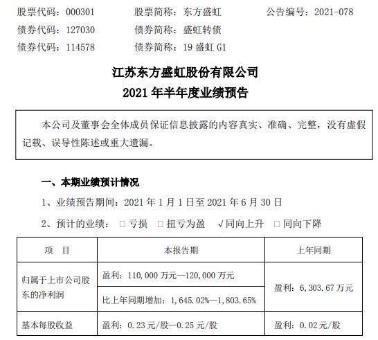 东方盛虹2021年上半年预计净利增长1645.02%-1803.65% 化纤石化行业下游需求明显改善