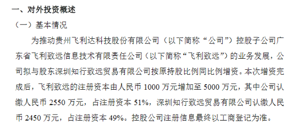 飞利达拟对控股子公司增资 注册资本由1000万元增至5000万元
