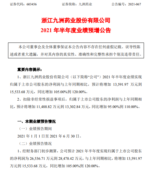 九洲药业2021年上半年预计净利2.65亿-2.85亿增长105%-120% API业务产能稳步攀升