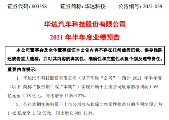 华达科技2021年上半年预计净利1.68亿-1.78亿增长114%-127% 运营成本降低