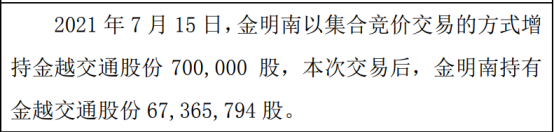 金越交通股东金明南增持70万股 权益变动后持股比例为89.82%