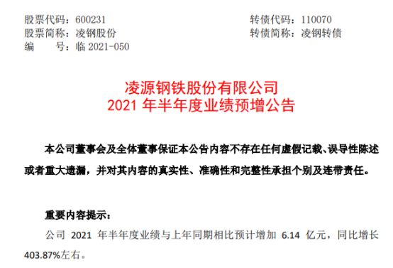 凌钢股份2021年上半年预计净利将增加6.14亿 产品盈利水平大幅提升