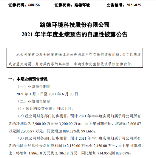 路德环境2021年上半年预计净利2900万-3200万增长889%-992% 淤泥处理业务正常运营