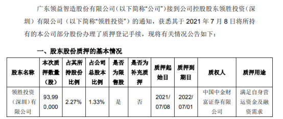 领益智造控股股东领胜投资质押9399万股 用于满足自身营运资金及融资需求