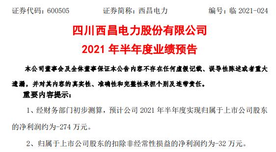 西昌电力2021年上半年预计亏损274万 外购电量同比增长