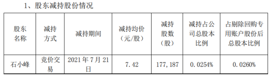 节能国祯股东石小峰减持17.72万股 套现131.47万