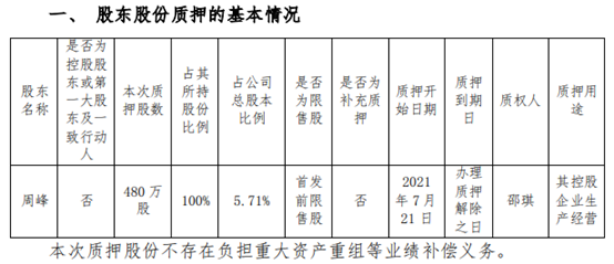 扬电科技股东周峰质押480万股 用于其控股企业生产经营