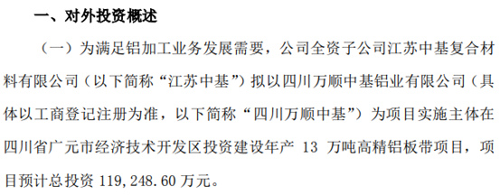 万顺新材全资子公司投资11.92亿元建设年产13万吨高精铝板带项目