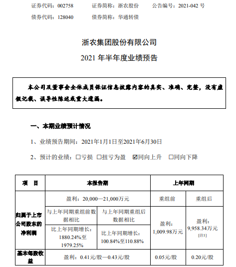 浙农股份2021年上半年预计净利2亿-2.1亿增长101%-111% 汽车销售价格上涨