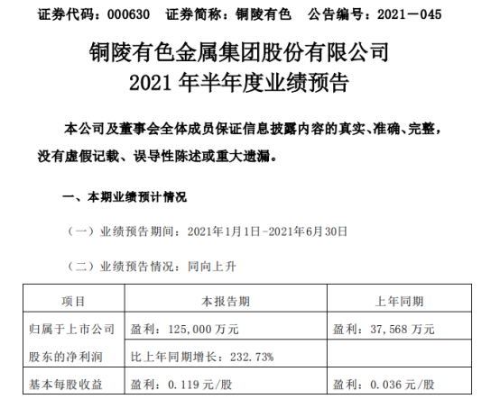 铜陵有色2021年上半年预计净利12.5亿增长232.73% 各项主营业务均稳健发展