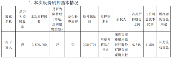 南宁百货股东南宁富天质押980万股 用于补充流动资金