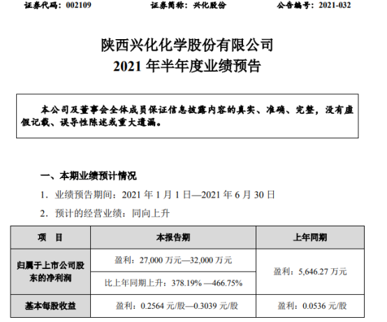 兴化股份2021年上半年预计净利2.7亿-3.2亿增长378%-466% 产品销售价格持续上涨