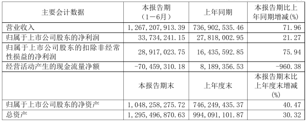 有研粉材2021年半年度净利3373.42万元 同比净利增加21.27%