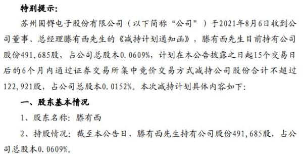 苏州固锝总经理滕有西拟减持不超12.29万股公司股份 一季度公司净利5040.59万
