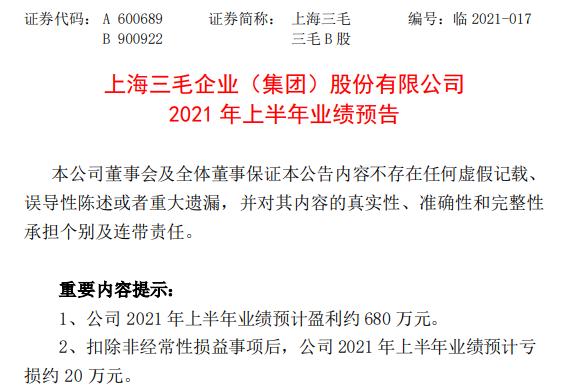 上海三毛2021年上半年预计净利约680万同比扭亏为盈 保安服务和物业租赁业务利润同比基本持平