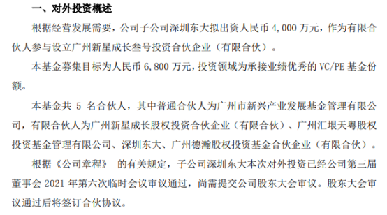 龙江交通子公司深圳东大拟出资4000万元投资设立广州新星成长叁号投资合伙企业（有限合伙）