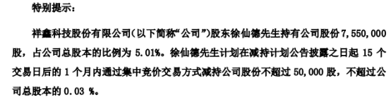 祥鑫科技股东徐仙德拟减持不超5万股公司股份 一季度公司净利3129.32万