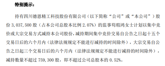 德恩精工监事苟瑕鸿拟减持不超75.93万股公司股份 一季度公司净利1192.86万