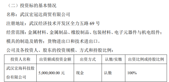宏海科技拟投资500万元设立全资子公司武汉宏冠达商贸有限公司