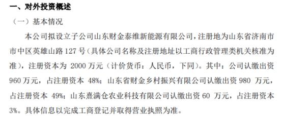 泰维能源拟投资960万元设立子公司山东财金泰维新能源有限公司持股48%