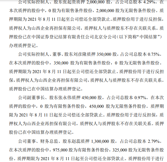 智林股份6名股东合计质押600万股 用于进行反担保
