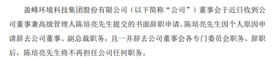 盈峰环境副总裁陈培亮辞职 2020年薪酬为624.91万
