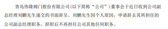 伟隆股份副总经理刘鹏辞职 一季度公司净利1282.63万