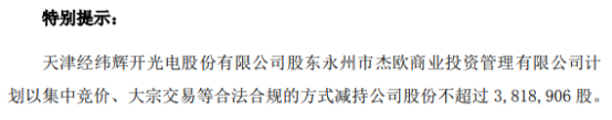 经纬辉开股东杰欧拟减持不超381.89万股 一季度公司净利1287.68万