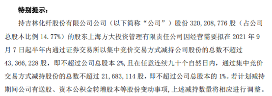 吉林化纤股东拟减持不超4336.62万股公司股份 上半年公司净利4076.9万