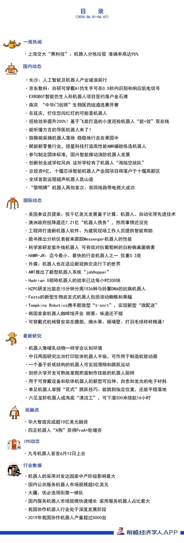 前瞻机器人产业全球周报第72期：上海交大机器人助你垃圾分类 每小时分拣5400次准确率高达95%