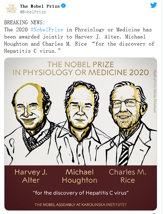 2020年诺贝尔医学奖率先揭晓！因发现丙肝病毒 三人共同获奖