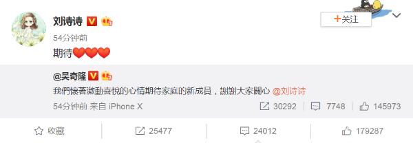 吴奇隆刘诗诗宣布怀孕 网友：小王子颜值一定很高！