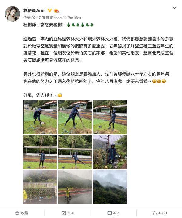 『湘琴』“湘琴”林依晨植树节种树 戴手套拿铁锹亲力亲为