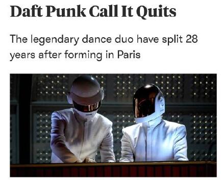 电子音乐组合daft punk蠢朋克宣布解散