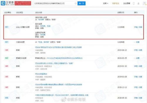范冰冰父母退出美涛佳艺影视 公司经营范围也变更