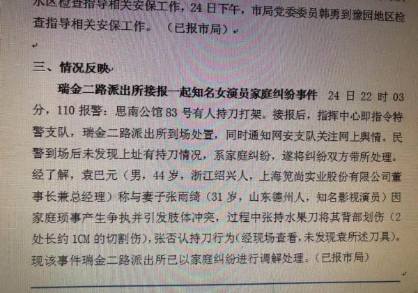 张雨绮持刀与老公争执？警方：袁巴元报的警