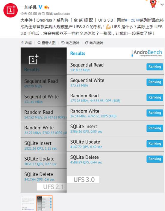 流畅丝滑！刘作虎宣布一加7系列全系标配UFS 3.0闪存