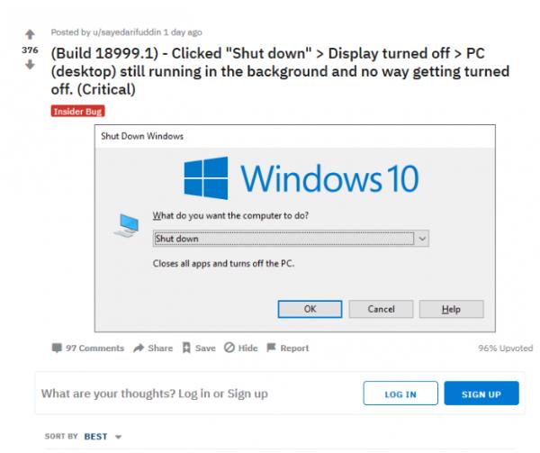 Win10 Build 18999.1版出现bug：存在关机卡死问题