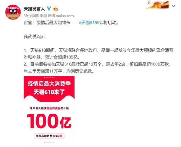 天猫618官宣！预计将发放超过100亿元补贴，优惠史无前例