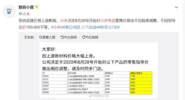 8月28日起全面涨价！小米电视要打响涨价的第一枪？